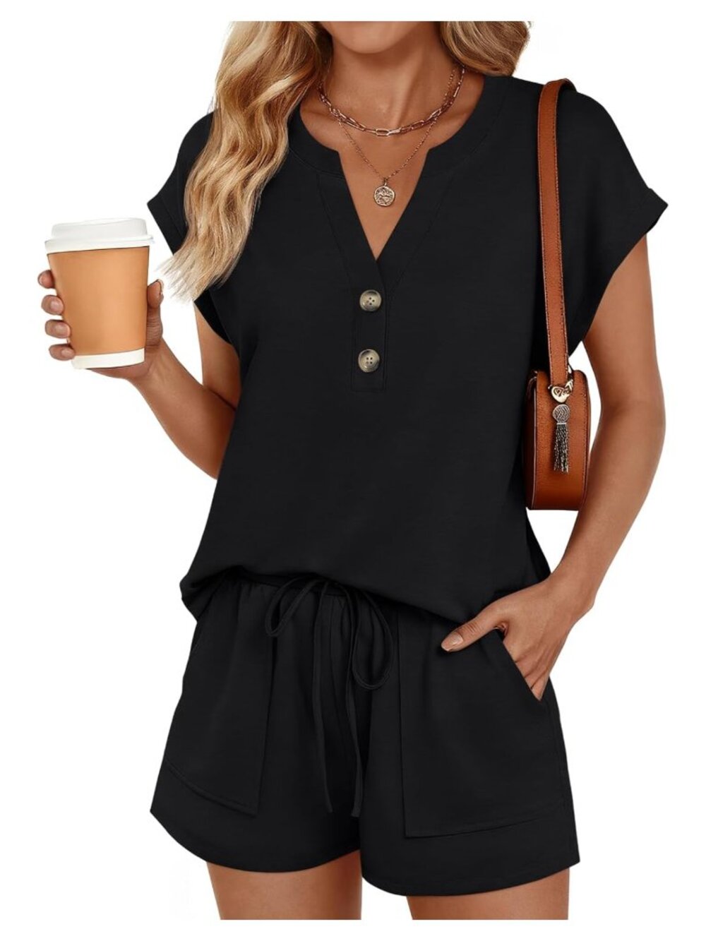 Women's 2 Piece Cap Sleeve Henley Top Drawstring Shorts Lounge Set